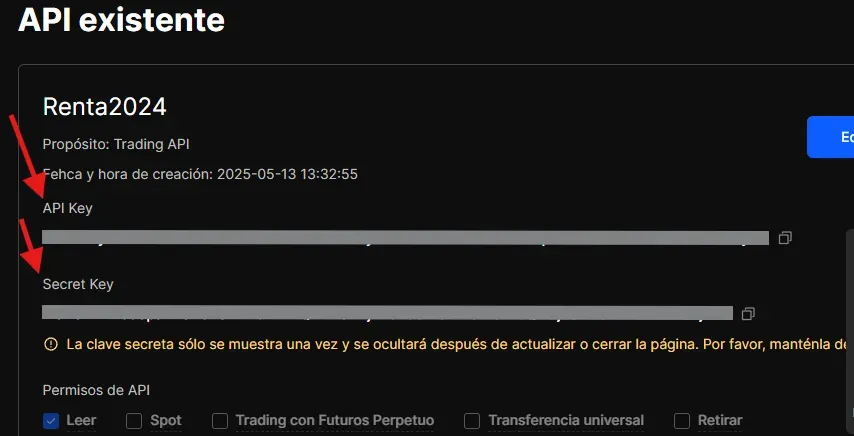 Paso 4 API BingX: Copiar API Key y Secret Key para enviar al técnico fiscal de CryptoImpuestos