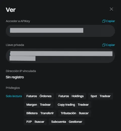 Paso 4 API Bitget: Copiar API Key y Llave privada para enviar al técnico fiscal de CryptoImpuestos