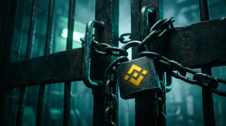 Candado con el logo de Binance cerrando una verja encadenada, símbolo del cese de Binance en España por la falta de licencia MiCA