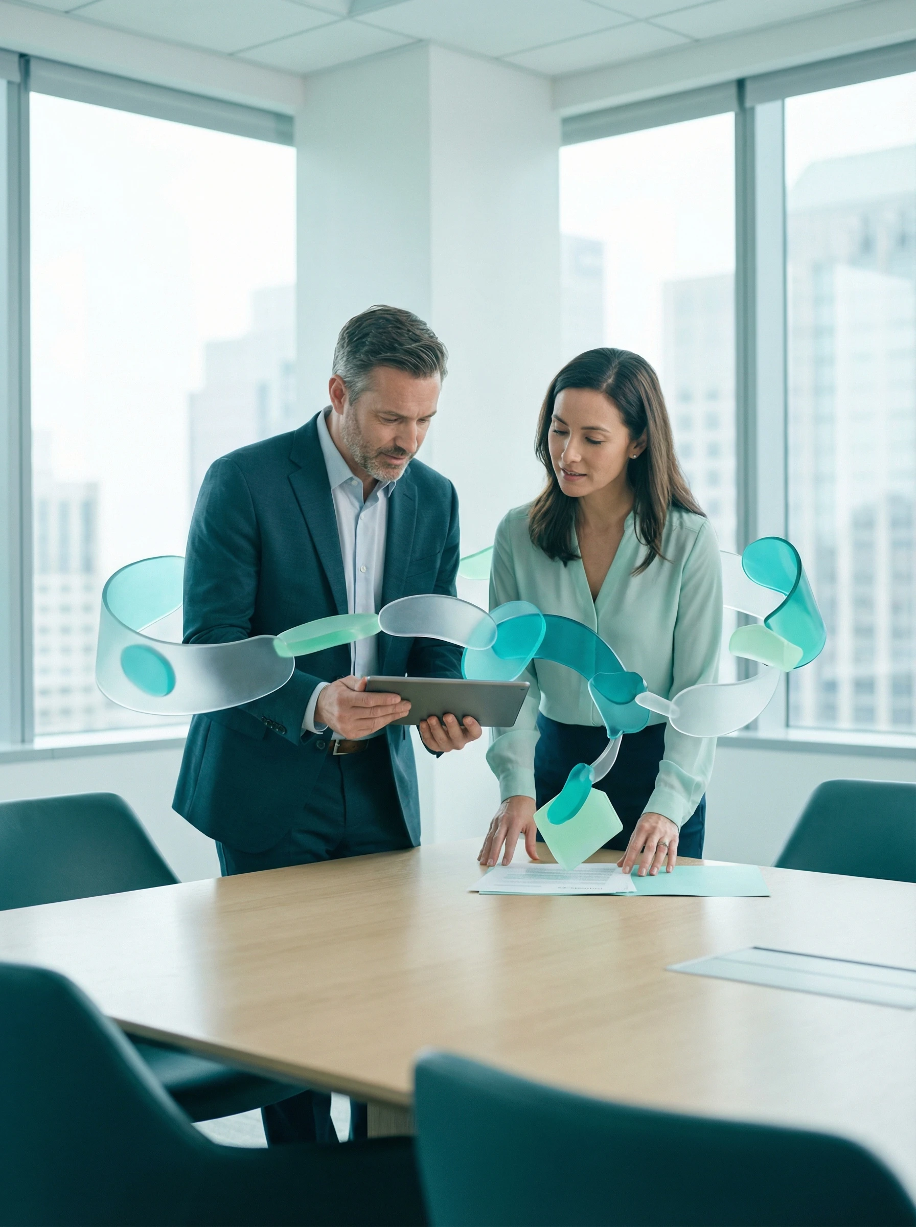 Dos profesionales consultando tablet en una asesoría moderna con elementos 3D abstractos