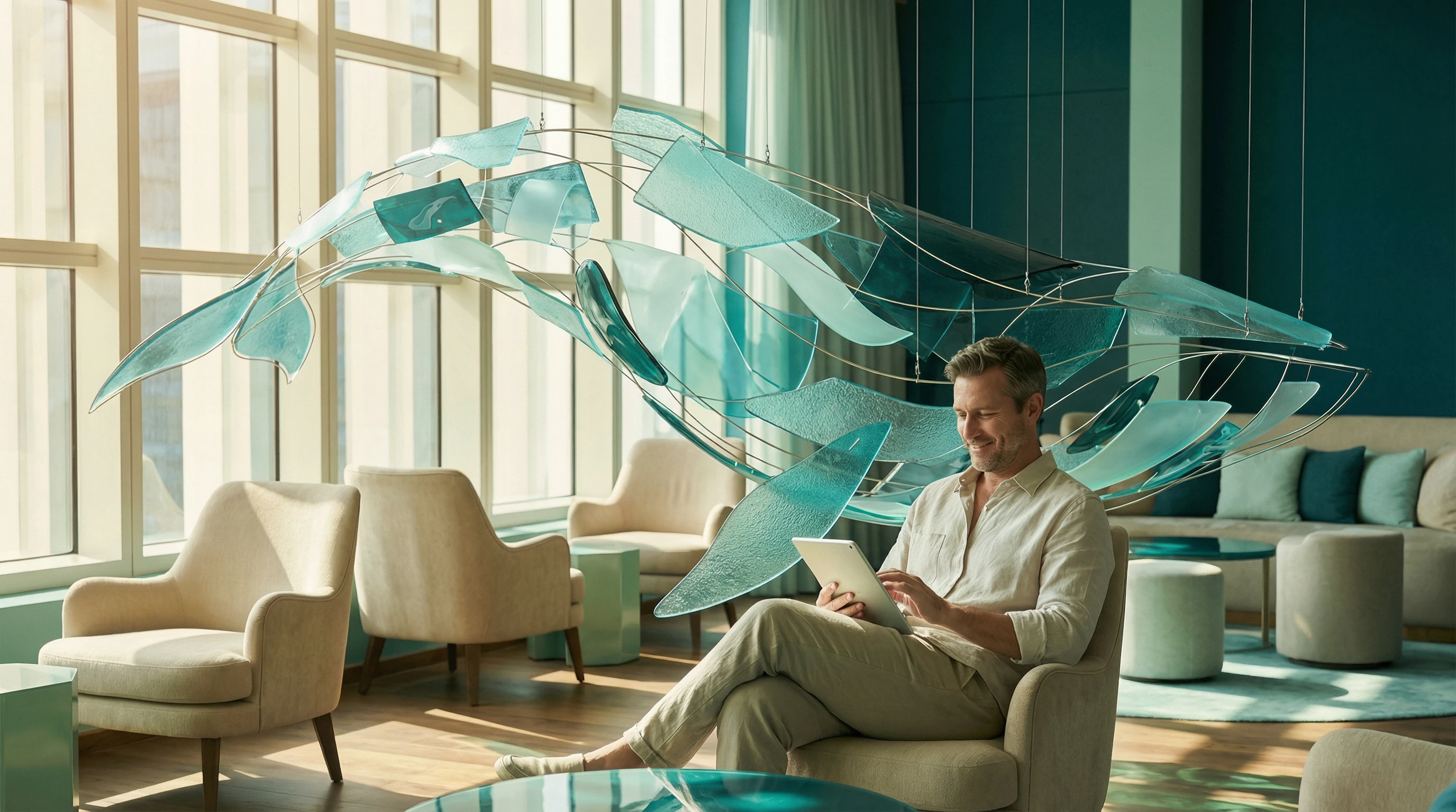 Persona usando tablet en oficina moderna con elementos 3D abstractos